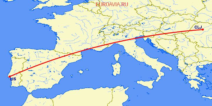перелет Клуж Напока — Лиссабон на карте