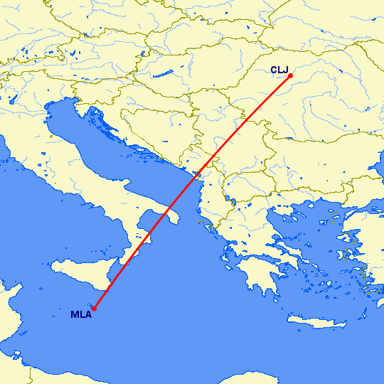 перелет Клуж Напока — Мальта на карте