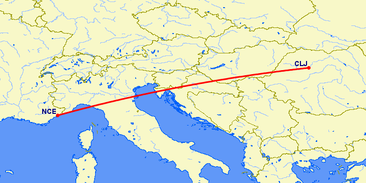 перелет Клуж Напока — Ницца на карте