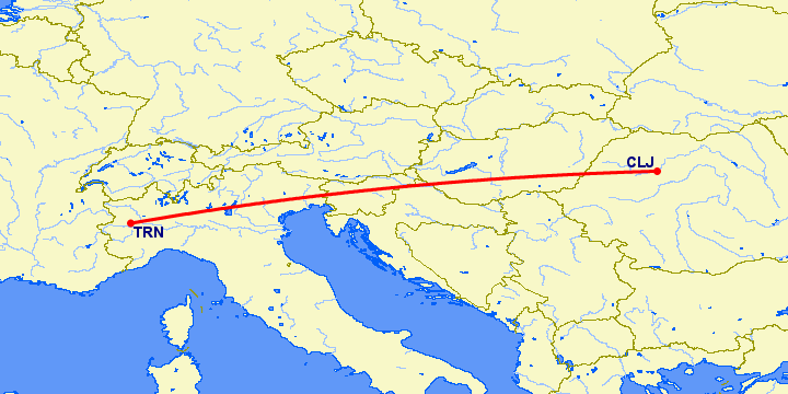 перелет Клуж Напока — Турин на карте