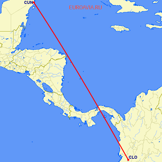 перелет Кали — Канкун на карте