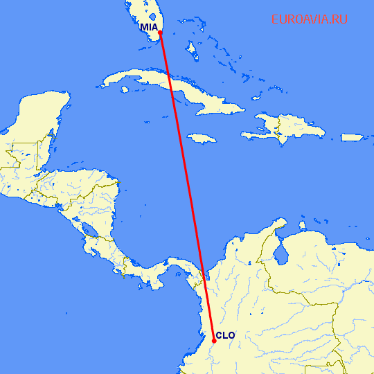 перелет Кали — Майами на карте