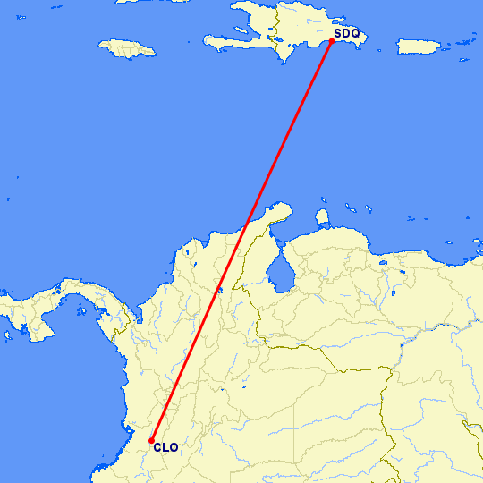 перелет Кали — Санто Доминго на карте
