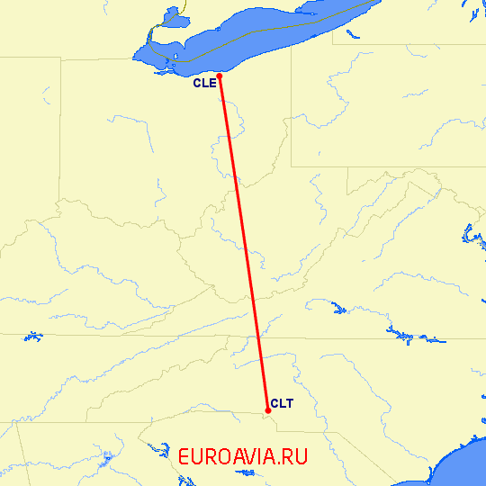 перелет Шарлотт — Кливленд на карте