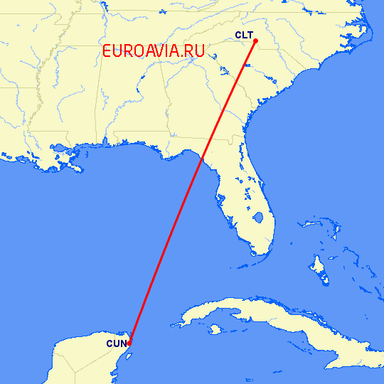 перелет Шарлотт — Канкун на карте