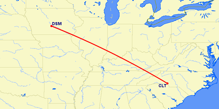 перелет Шарлотт — Des Moines на карте