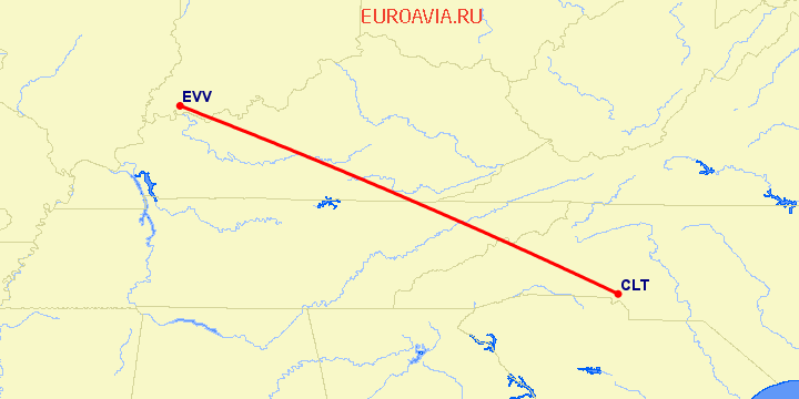 перелет Шарлотт — Evansville на карте