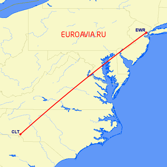 перелет Шарлотт — Ньюарк на карте