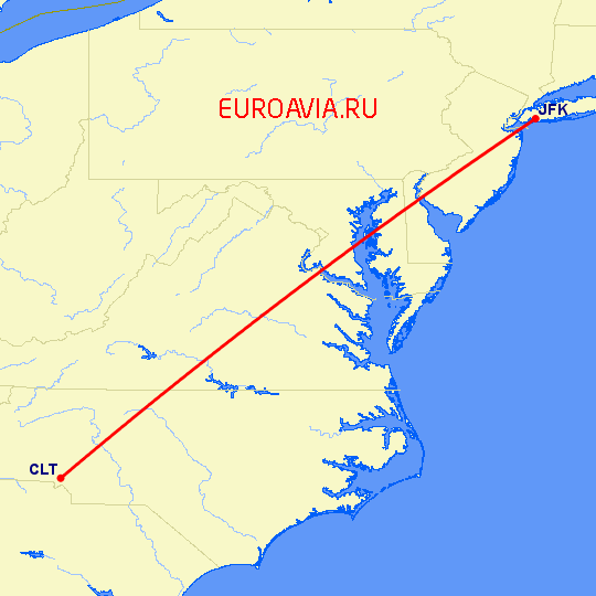 перелет Шарлотт — Нью Йорк на карте
