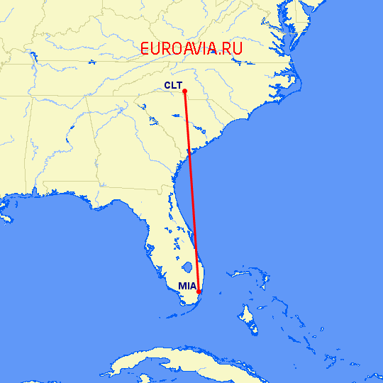 перелет Шарлотт — Майами на карте