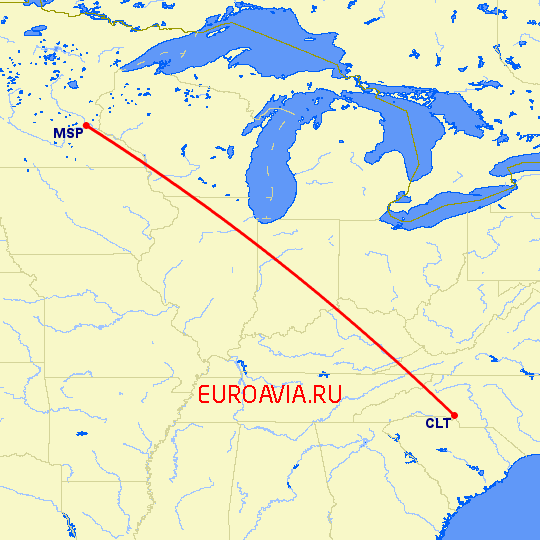 перелет Шарлотт — Миннеаполис на карте