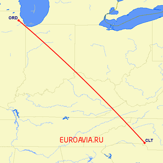 перелет Шарлотт — Чикаго на карте