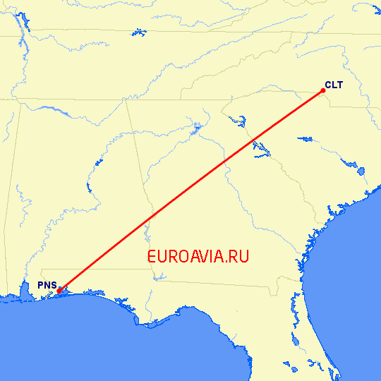 перелет Шарлотт — Pensacola на карте