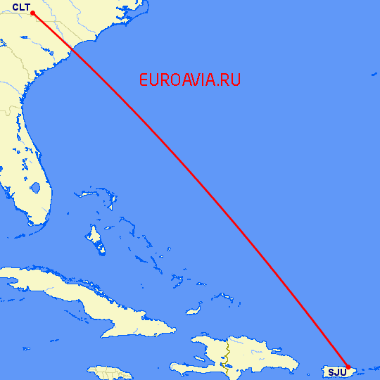 перелет Шарлотт — Сан Хуан на карте
