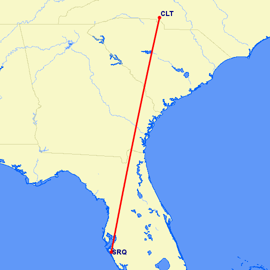 перелет Шарлотт — Сарасота на карте