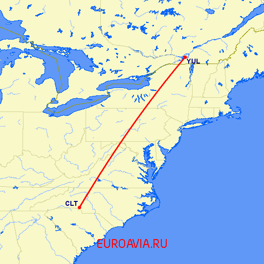перелет Шарлотт — Монреаль на карте