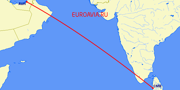 перелет Коломбо — Абу Даби на карте