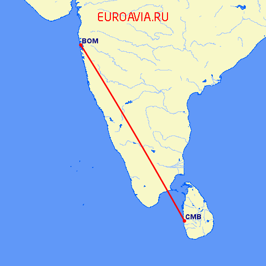 перелет Коломбо — Бомбей на карте