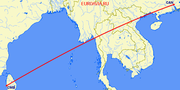 перелет Коломбо — Гуанчжоу на карте
