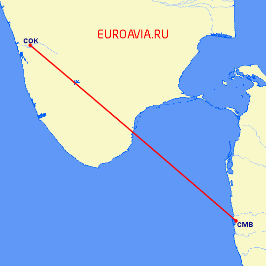 перелет Коломбо — Кочи на карте
