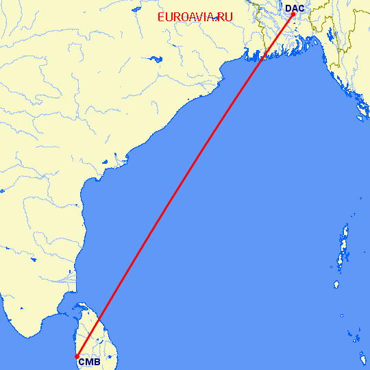 перелет Коломбо — Dhaka на карте