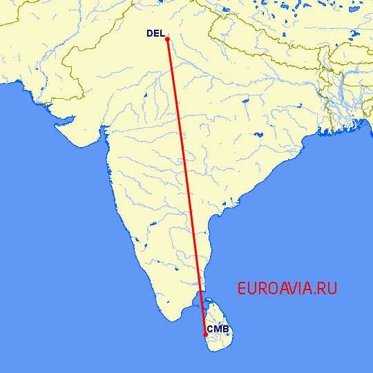 перелет Коломбо — Нью Дели на карте