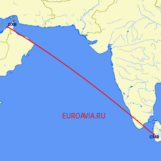 перелет Коломбо — Дубай на карте