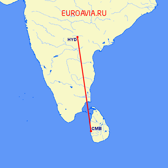 перелет Коломбо — Хидерабад на карте