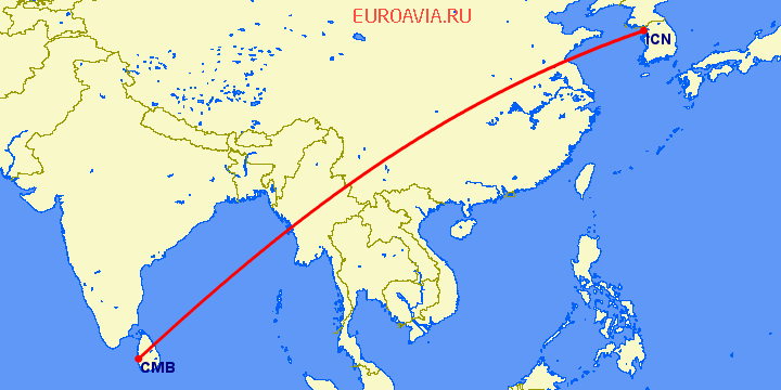 перелет Коломбо — Сеул на карте
