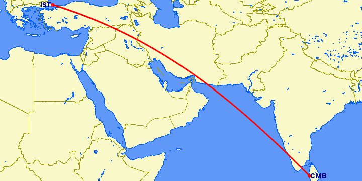 перелет Коломбо — Стамбул на карте