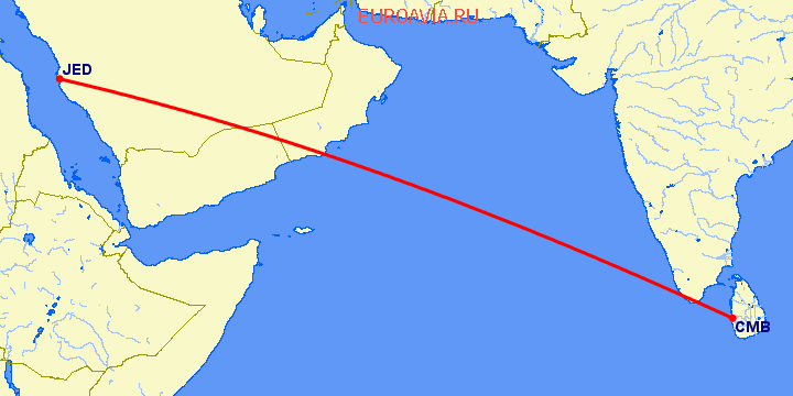 перелет Коломбо — Джедда на карте