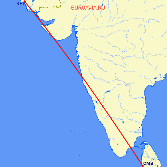 перелет Коломбо — Карачи на карте