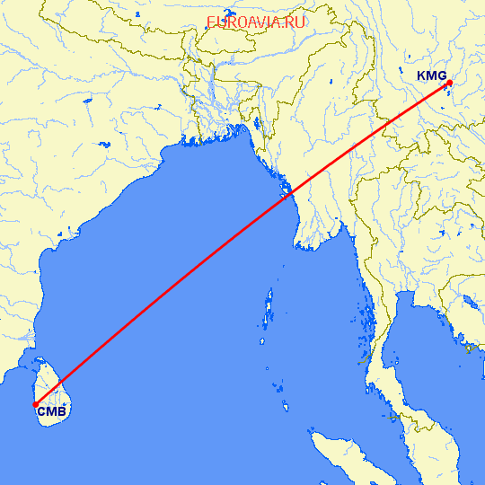 перелет Коломбо — Кунминг на карте