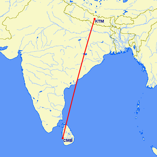 перелет Коломбо — Катманду на карте