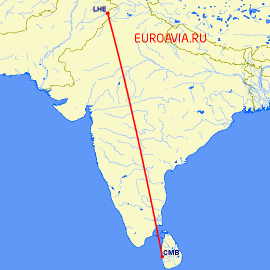 перелет Коломбо — Лахор на карте