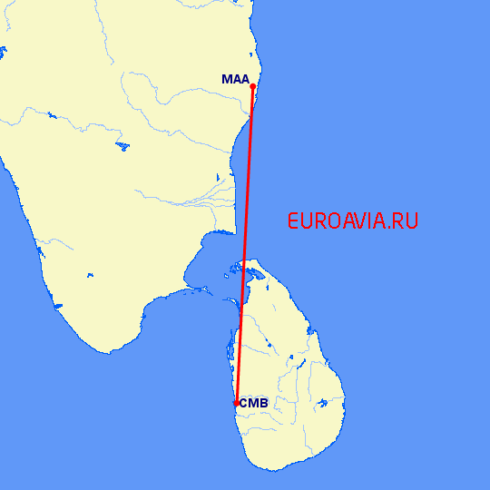 перелет Коломбо — Мадрас Ченнай на карте