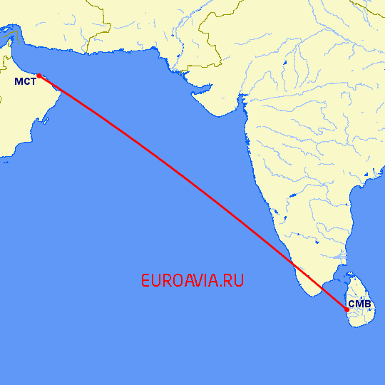 перелет Коломбо — Маскат на карте