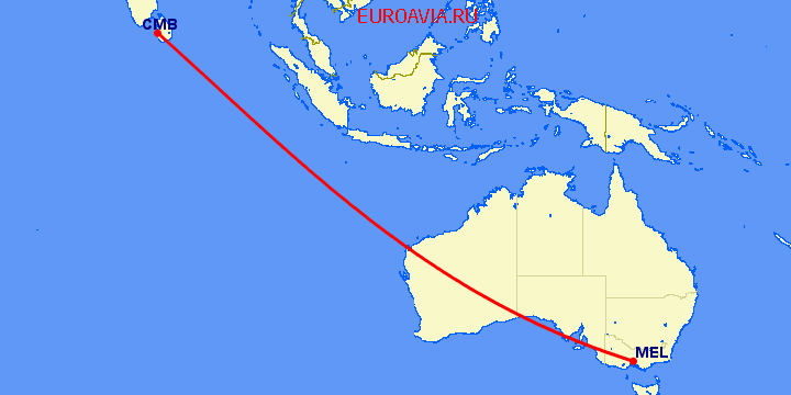 перелет Коломбо — Мельбурн на карте