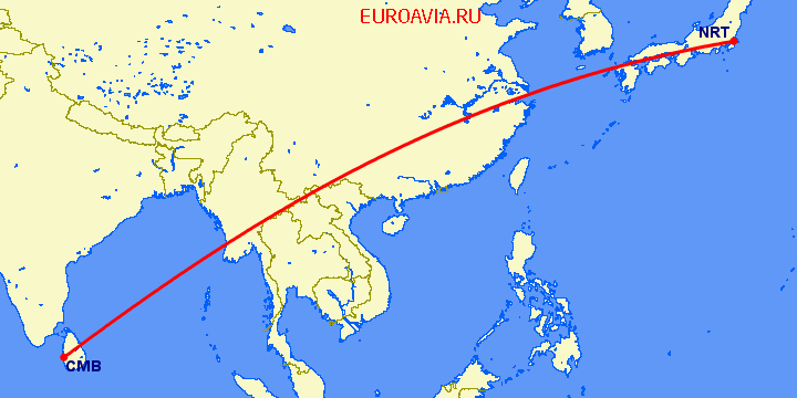 перелет Коломбо — Токио на карте