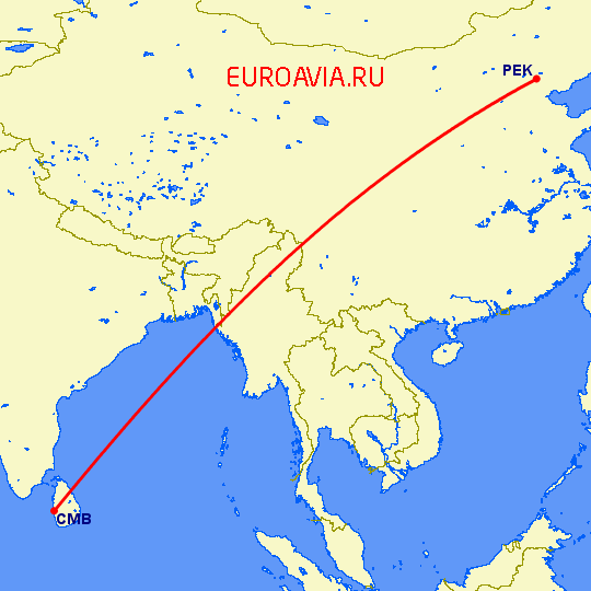 перелет Коломбо — Пекин на карте