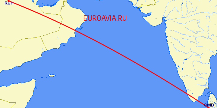 перелет Коломбо — Эр Рияд на карте