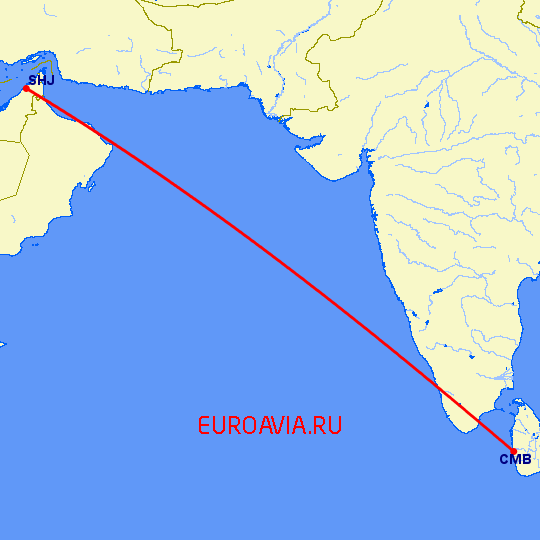 перелет Коломбо — Шарджа на карте