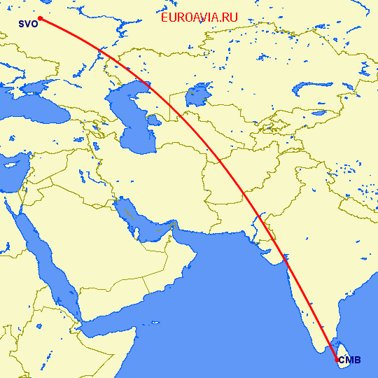 перелет Коломбо — Москва на карте