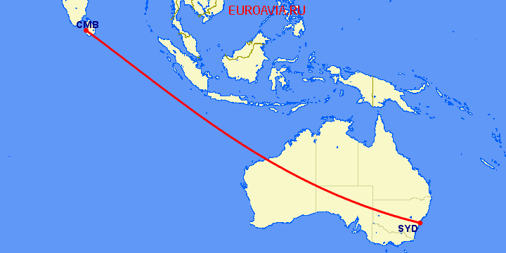перелет Коломбо — Сидней на карте