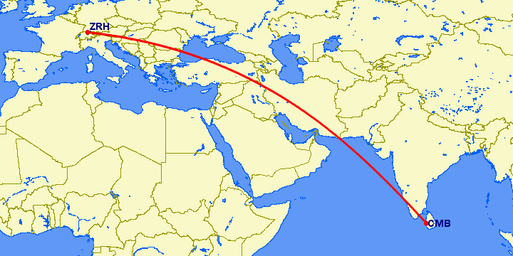 перелет Коломбо — Цюрих на карте