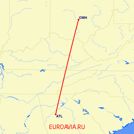 перелет Колумбус — Атланта на карте