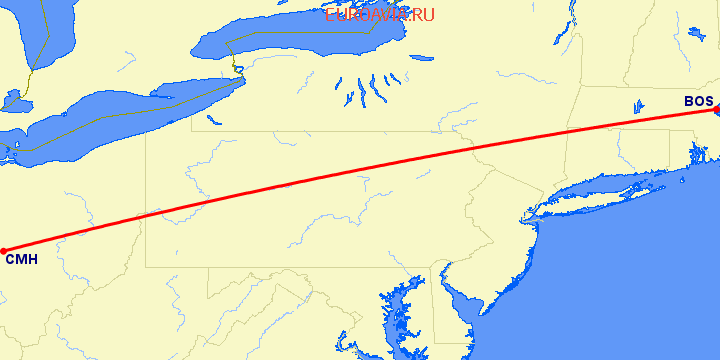 перелет Колумбус — Бостон на карте
