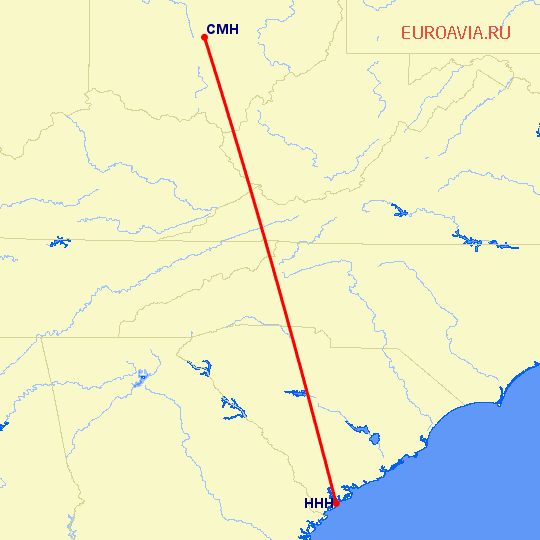 перелет Колумбус — Hilton Head на карте