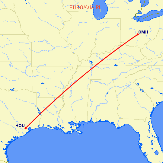 перелет Колумбус — Хьюстон на карте
