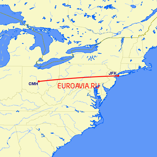 перелет Колумбус — Нью Йорк на карте